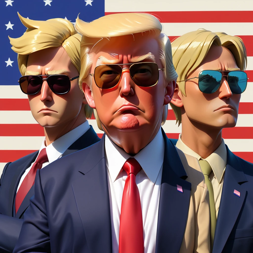 (bad quality, bad artist, low resolution, pixelated,limited palette),(Donald Trump:1.3),american flag,MSPaint portrait,MSPaint drawing, Three were wearing Suiten wearing SunglaSSeS Standing together, Donald Trump in《Attack on Titan》middle, Donald Trump in Fortnite, phil noto 和 jameS jean, Donald Trump&#39;S, Donald Trump Fortnite Skin, Victory PoSe, Donald Trump aS Baron Harkonnen, otto schmidt, author：Tomer Hanuka, Donald Trump aS Captain America, Phil Noto comic cover art