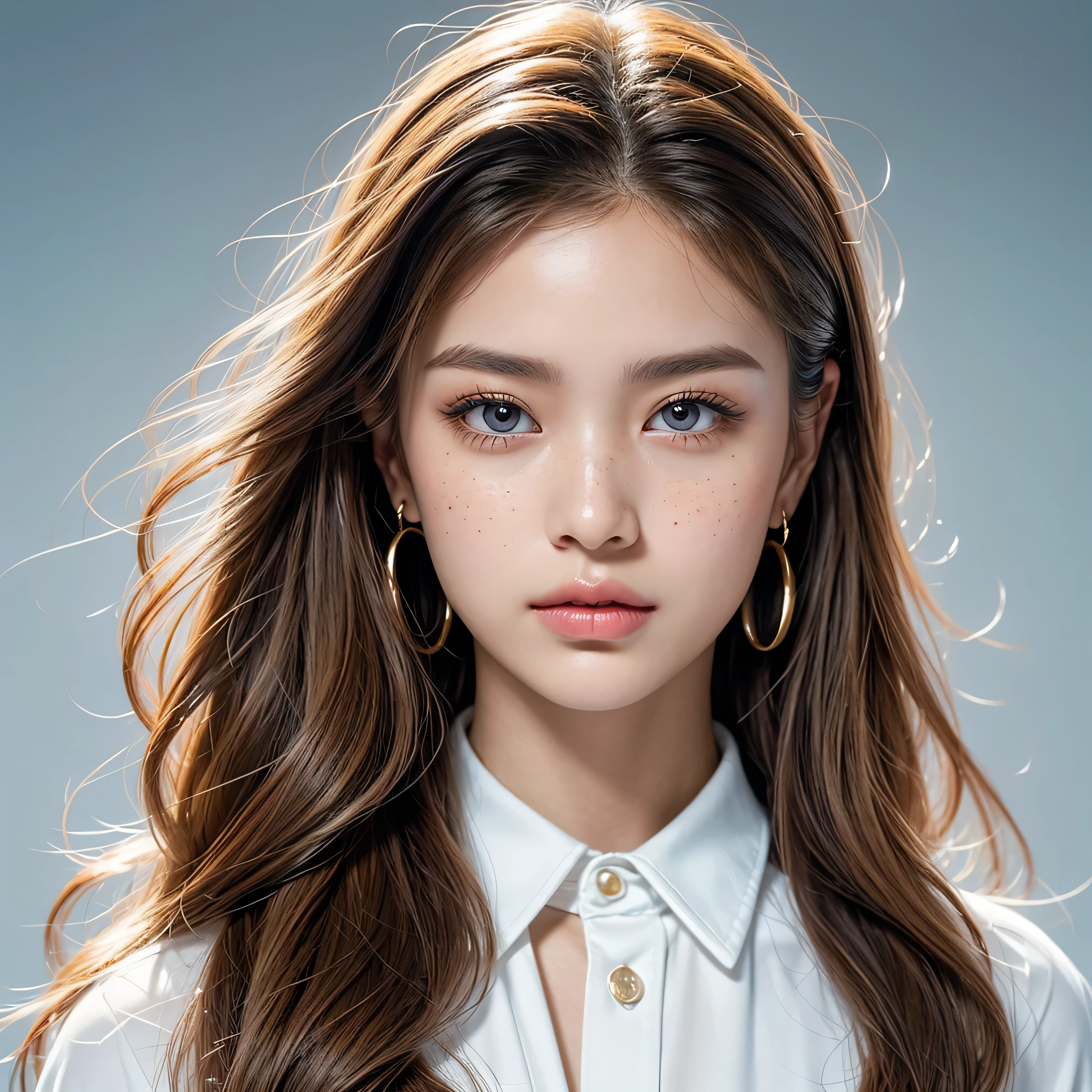 (masterpiece, ultra-realistic) A detailed and beautifully rendered portrait of a 19-year-old woman named Lila Nakamura. She has a unique mixed Japanese and Northern European heritage, giving her a distinct and captivating appearance. Lila has straight, shoulder-length blonde hair with subtle blonde highlights, styled in a neat and polished manner. Her almond-shaped eyes are a striking light blue, highlighted with subtle eyeshadow and defined by thick, dark black eyeliner. Her glossy lips add a touch of elegance, and her expression is cute and endearing. Her skin tone is light, with a natural and fresh look, complemented by a few delicate freckles across her nose. She is dressed in a simple yet professional outfit, featuring a white blouse and dark jeans, accessorized with small gold hoop earrings. The background is a neutral studio setting with soft lighting that perfectly highlights her features, creating a warm and inviting atmosphere.