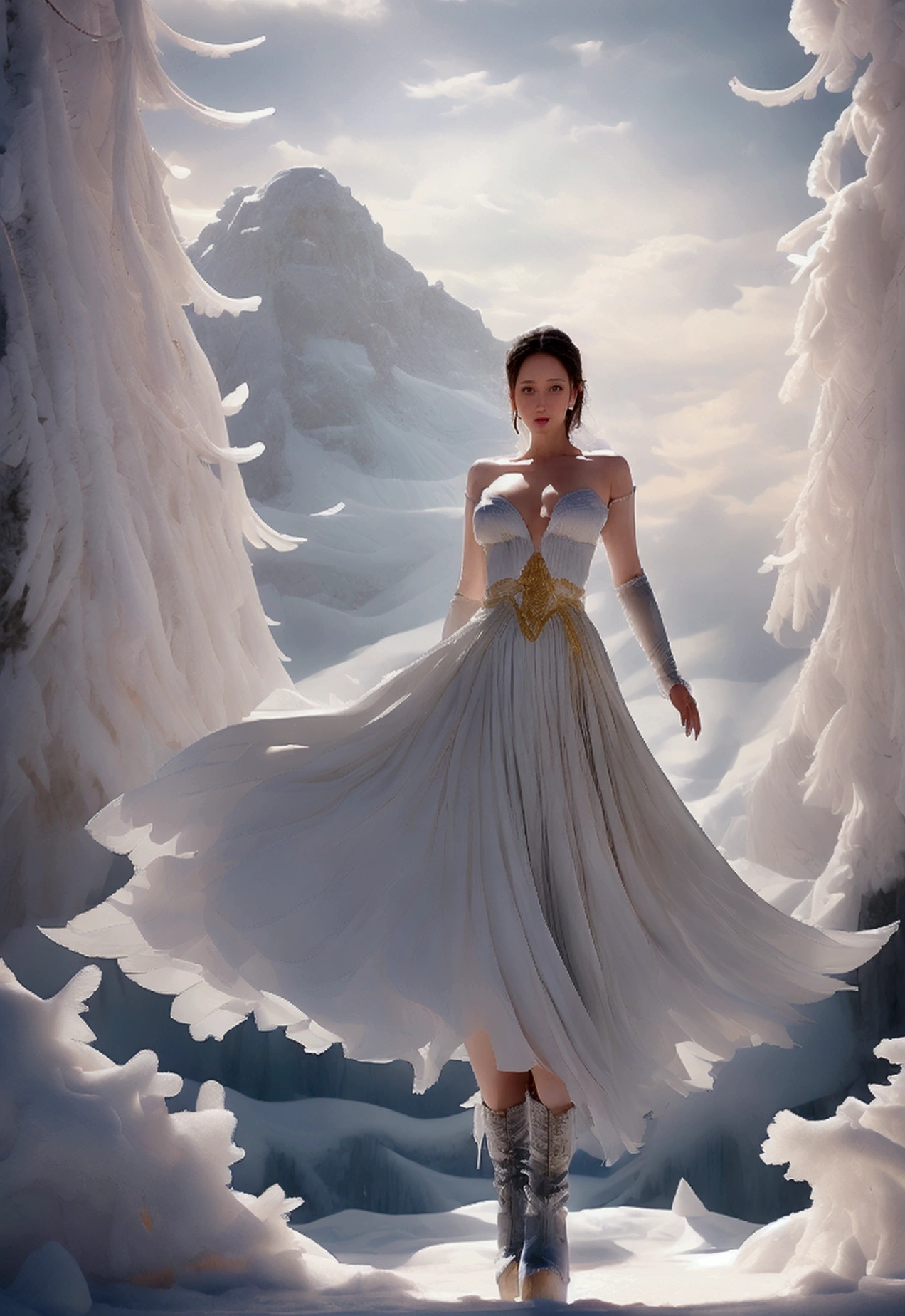 whole body, sexy princess woman, standing, watching distant mountains, very long gray hair, Waist slender, round background, with short pleated white leather skirt, with gold embroidery, high white boots, Ultra-realistic skin texture, sensual curves, Sensual Gaze, your hair body is covered with chin north pole in the snow, arid landscape, fog, blowing snow, weak, soft light, gloomy dark clouds, ice palace in the distance, cool colours, photorrealistic, Super-Realistic, the highest resolution with extremely complex details 8k