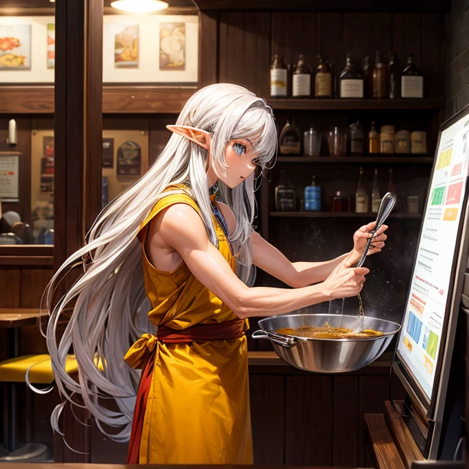 Making curry at a curry restaurant A brown-skinned elf with long silver hair huge pot
