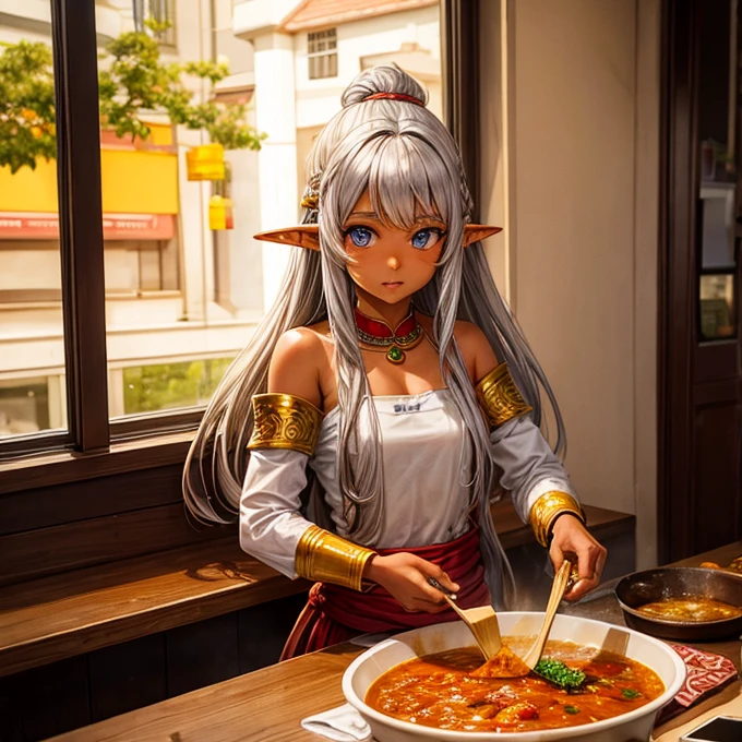 Making curry at a curry restaurant A brown-skinned elf with long silver hair huge pot