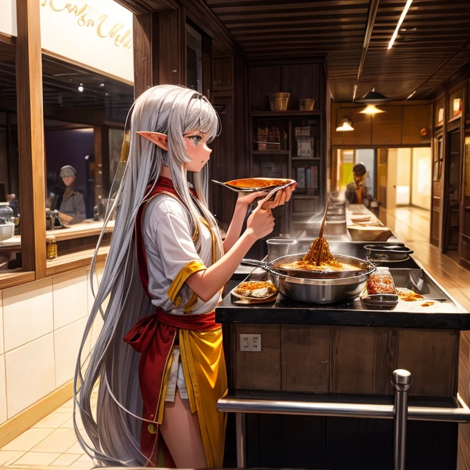 Making curry at a curry restaurant A brown-skinned elf with long silver hair huge pot