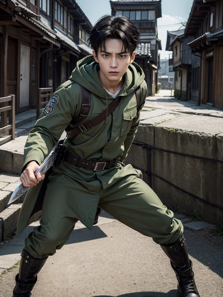 1 Handsome chinese slim guy, 20 years old, short hair, wearing Levi Ackerman costume, A very distorted personality, Detailed illustration of a cute and lovely kawaii chibi in an old village, Levi from the anime Attack on Titan, Sword in hand vertical maneuvering equipment, narrow, Scary pale gray eyes with dark circles underneath and a deceptively youthful face, Frowning or expressionless, He wears his Survey Corps uniform with a green hooded cloak, Dangerous mood, Awesome full color, High quality, Very detailed, 8K Ultra HD