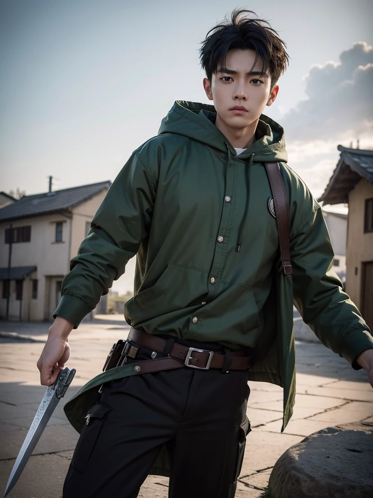 1 Handsome chinese slim guy, 20 years old, short hair, wearing Levi Ackerman costume, A very distorted personality, Detailed illustration of a cute and lovely kawaii chibi in an old village, Levi from the anime Attack on Titan, Sword in hand vertical maneuvering equipment, narrow, Scary pale gray eyes with dark circles underneath and a deceptively youthful face, Frowning or expressionless, He wears his Survey Corps uniform with a green hooded cloak, Dangerous mood, Awesome full color, High quality, Very detailed, 8K Ultra HD
