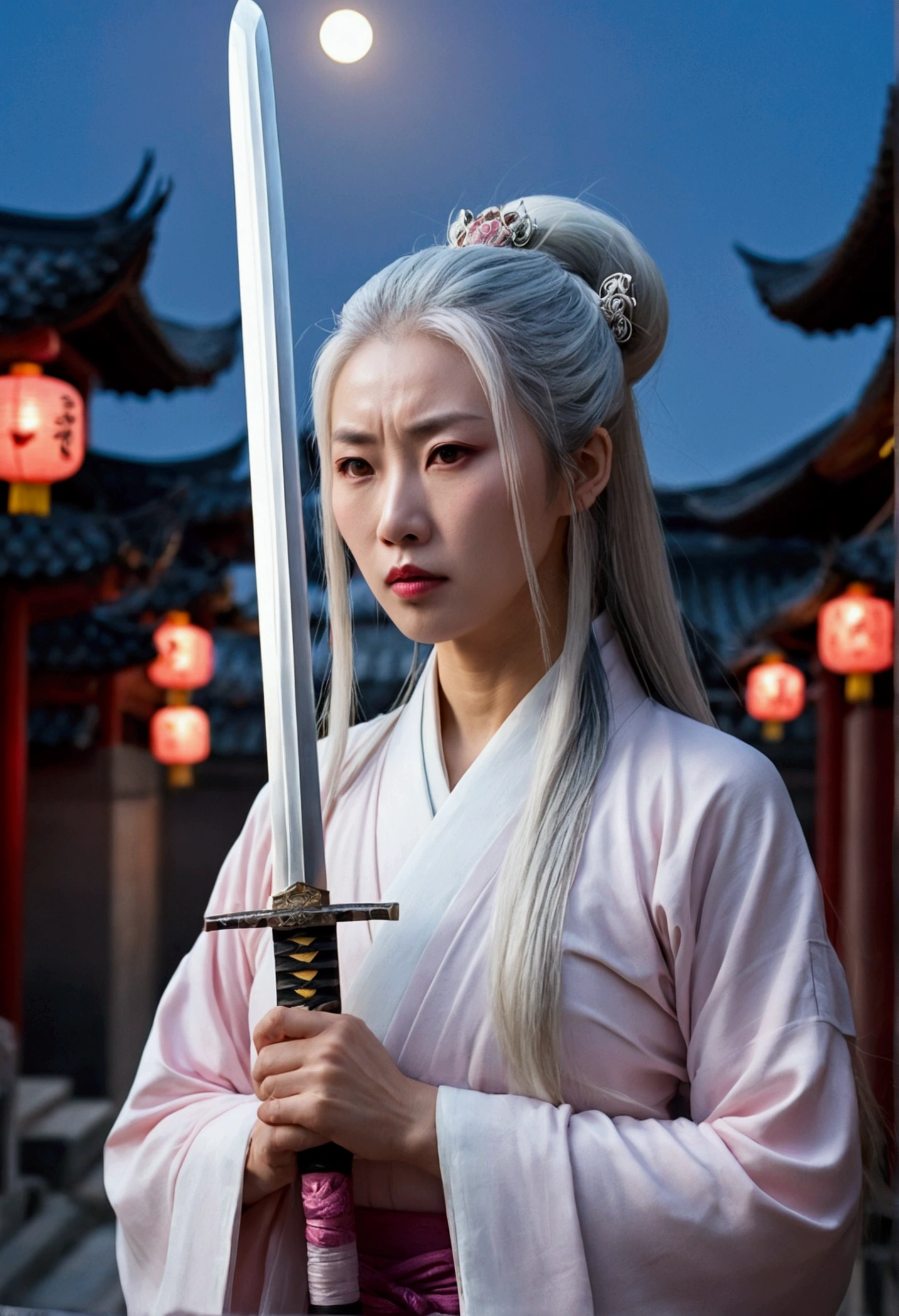 masterpiece, better, evening, full moon, 1 female, mature woman, Chinese style, Ancient China, older sister, Royal Sister, cold face, expressionless, Silver white long hair woman, light pink lips, calm, intellectual, hitomi gris, killer, long sword, swordsman, struggle, street view, Facial details, naked, weight dew marking
