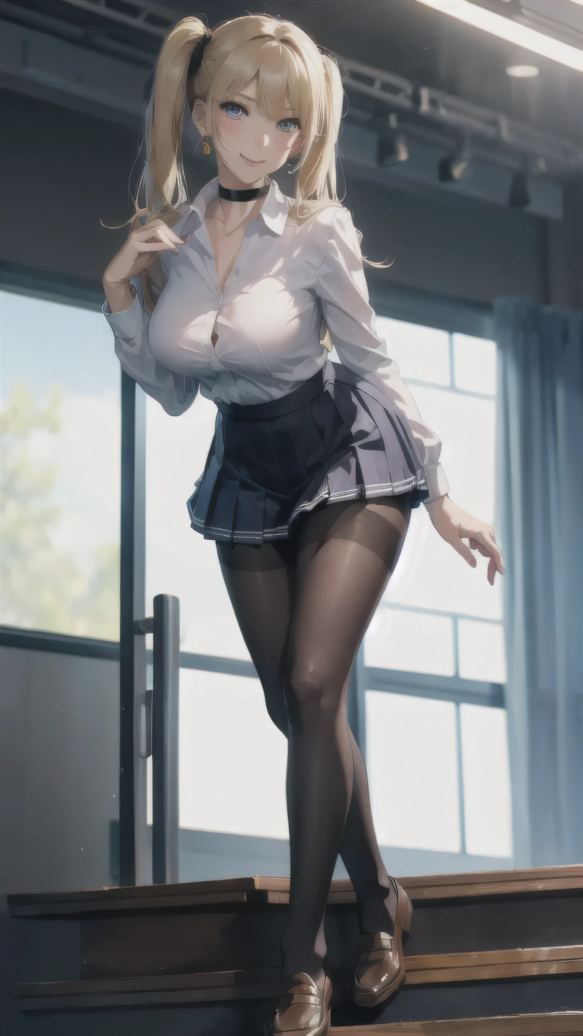 ((on stage)),((high school girl)),((school uniform)),((White blouse)),(((Pleated mini skirt))), ((A shy smile)),((Beautiful legs)),((Beautiful feet)),Ultra-high resolution, Mature Woman, Mature Woman, Very detailed, ((Big Breasts)), Perfect hands, Detailed fingers, Beautiful details, (((school uniform))),((Long blonde hair)),((Twin tails)),Black choker, Earrings,loafers,(Black Pantyhose), (Black Stockings),Perfect Eyes, Seductive eyes, School stairs,Are standing