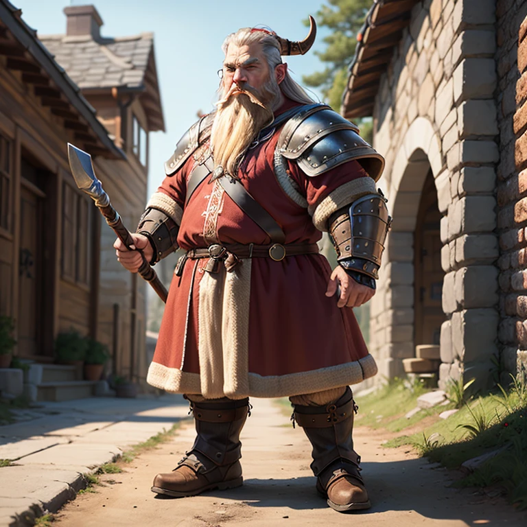 Viking dwarf Borin, wearing full body armor, with long beards