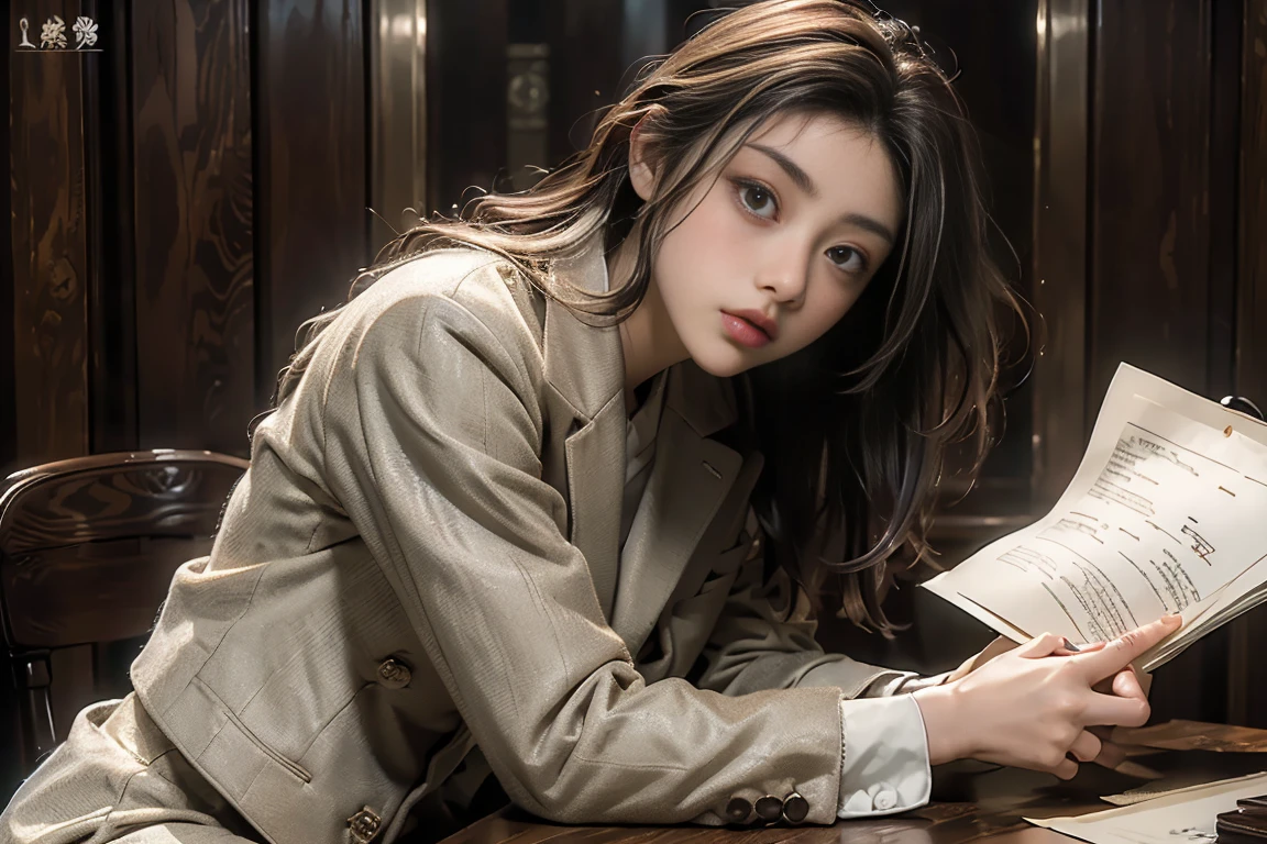 masterpiece, highest quality, Highest image quality, High resolution, photo realistic, Raw photo,( lawyer, law court, law, thick document on table, wear suit, stand in front of people, finger point to prisoner)