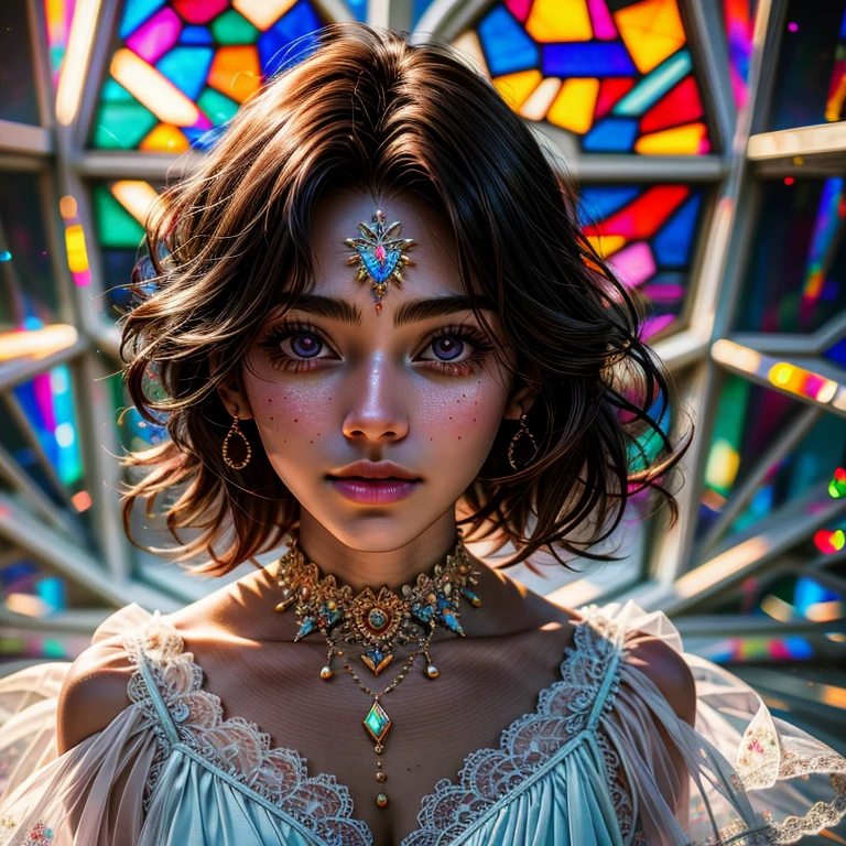 SFW, concept art, Tiny junior idol, Delicate lace knitted white clothes, (nipple:-0.9), face closeup, (Dazzling stained glass Background), (((Renbutsu Misako), colorful Light shines through delicate stained glass:1.2, vivid red colors, lense Particle, lens flare, light Particle, Acutance:0.8)). (masterpiece:1.2),(ultra-detailed:1.37), (Extremely detailed KAWAII face variations, innocent expression variations), rosy cheeks, intricate detailed eyes with sparkling highlights, long eyelashes with volume, subtle blush on the face. Mystic sight, haze, impeccable skin texture, captivating gaze, ((Dynamic-angle, physically-based rendering)), whole Body proportions and all limbs are anatomically accurate .