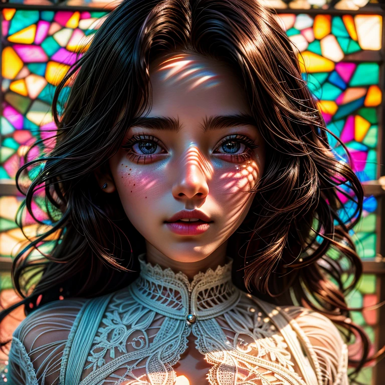 SFW, concept art, Tiny junior idol, Delicate lace knitted white clothes, (nipple:-0.9), face closeup, (Dazzling stained glass Background), (((Renbutsu Misako), colorful Light shines through delicate stained glass:1.2, vivid red colors, lense Particle, lens flare, light Particle, Acutance:0.8)). (masterpiece:1.2),(ultra-detailed:1.37), (Extremely detailed KAWAII face variations, innocent expression variations), rosy cheeks, intricate detailed eyes with sparkling highlights, long eyelashes with volume, subtle blush on the face. Mystic sight, haze, impeccable skin texture, captivating gaze, ((Dynamic-angle, physically-based rendering)), whole Body proportions and all limbs are anatomically accurate .