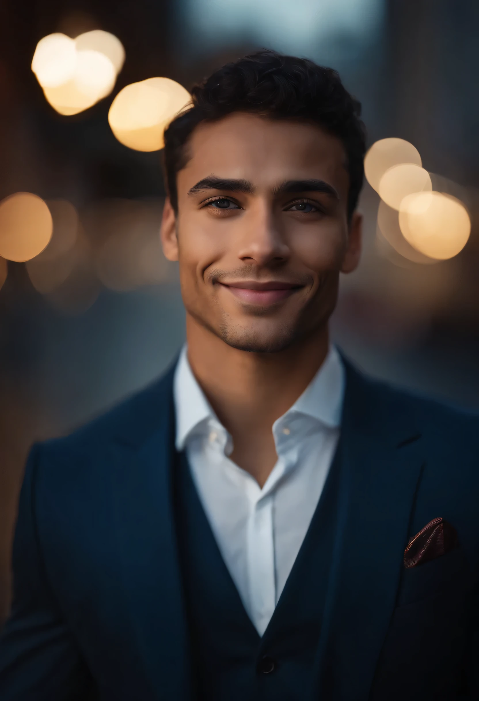 Young mixed-race man,beautiful detailed blue eyes,dark hair,dark suit,confident expression,SHARP JAW,vibrant skin,smiling,beautiful face,standing pose,city scenery,Professional studio lighting,realisitic,photorealisitic:1.37,portraits,bright coloured,tom legal,soft lighting