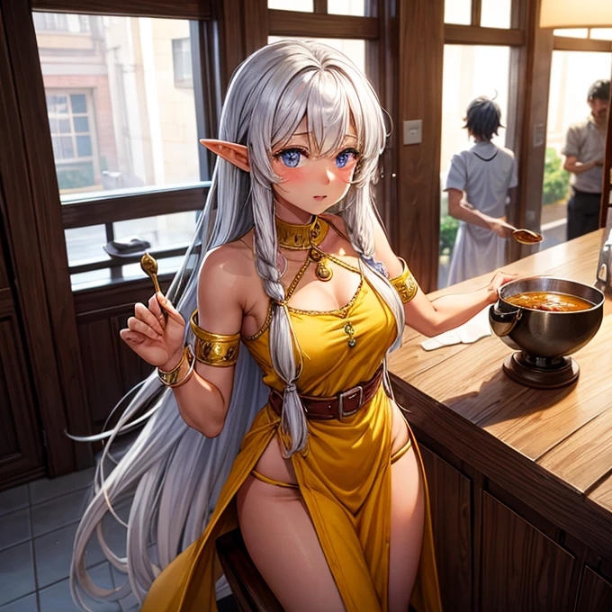 Making curry at a curry restaurant A brown-skinned elf with long silver hair huge pot