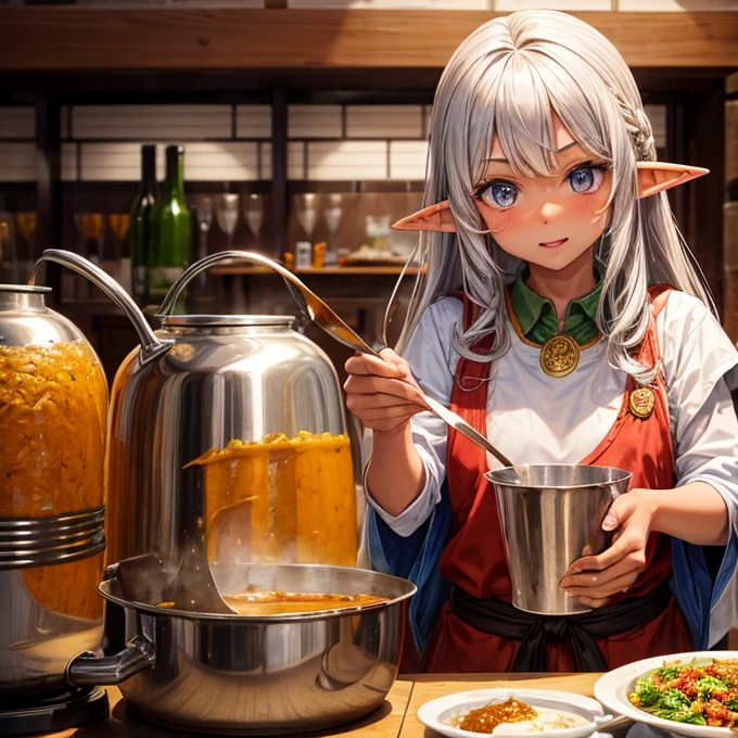 Making curry at a curry restaurant A brown-skinned elf with long silver hair huge pot