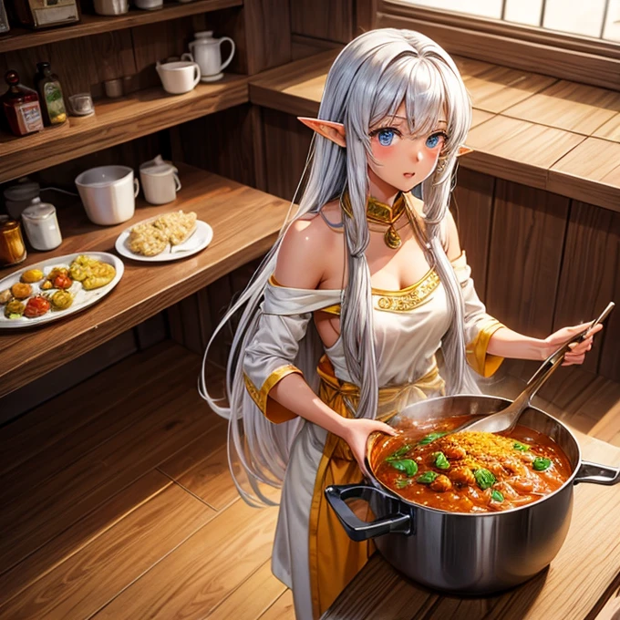 Making curry at a curry restaurant A brown-skinned elf with long silver hair huge pot