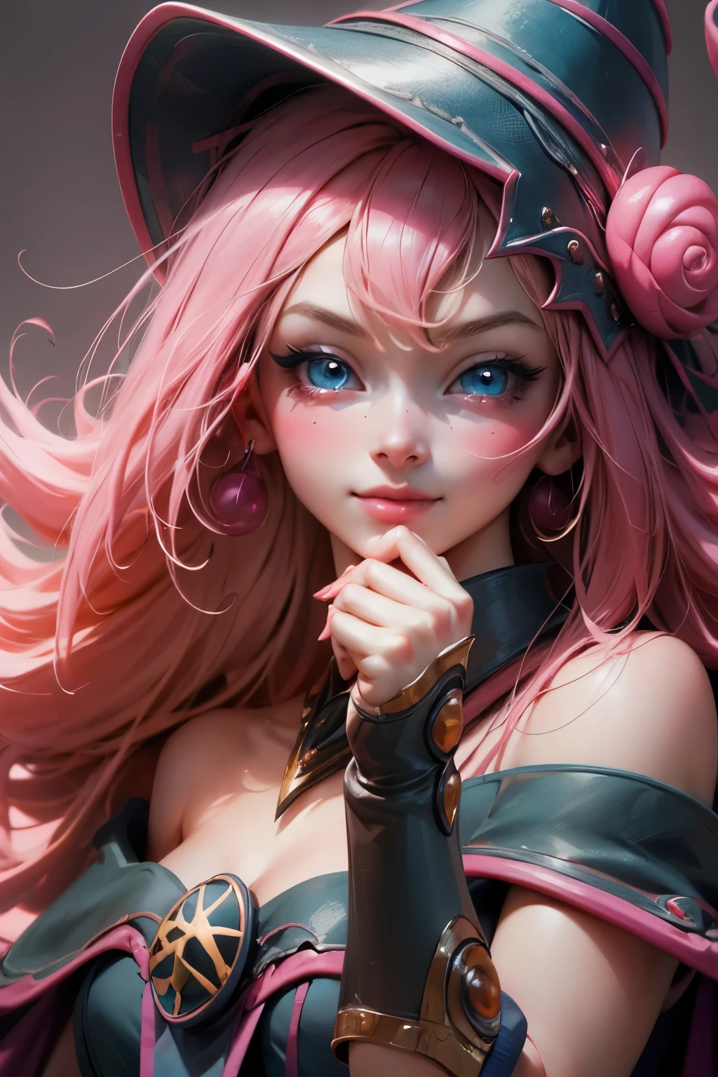 Beautiful face of dark wizard gils., blue eyes. pink lips. long blonde hair. exposed shoulders, angelic smile, beautiful well detailed face of dark wizard gils. blowing a kiss. and winking. She is flirtatious with the viewer.