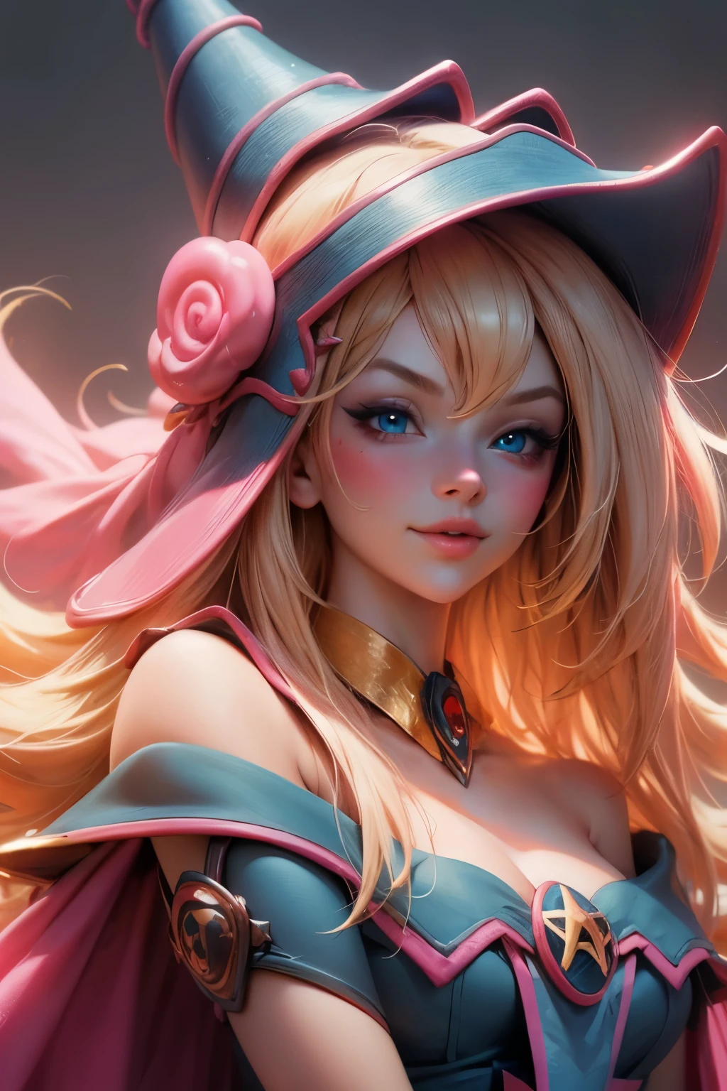 Beautiful face of dark wizard gils., blue eyes. pink lips. long blonde hair. exposed shoulders, angelic smile, beautiful well detailed face of dark wizard gils. blowing a kiss. and winking. She is flirtatious with the viewer.