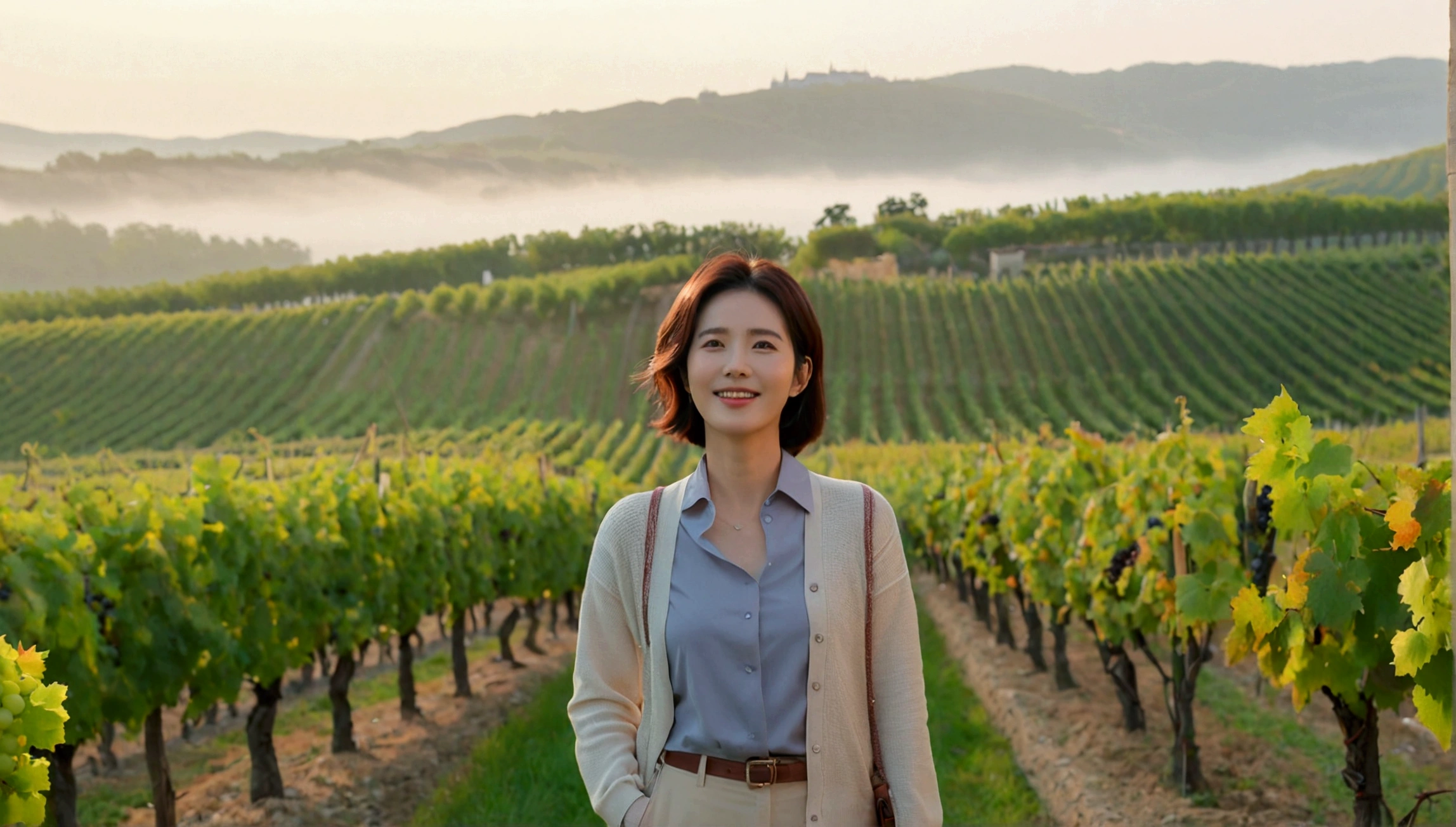 best quality, In 8K, 32K, Photo of a beautiful 36-year-old Korean woman, short medium hair, Inspired by Son Ye-jin, whole body, face focus, Shirt that goes up to the neck and a short cardigan from a luxury brand, beige casual pants, Italian countryside vineyard background, Ranged、make a happy face, 새벽 진한 한개속 The cathedral is visible in the distance, There is thick fog, path, looking up the side, Wear a shirt that covers your chest, The cathedral is visible in the distance, Photo of endless vineyard scenery, look up the side. thick dawn fog, Well-groomed hair, Photo of an elegant and modest woman, Endless vineyards, Vivid picture quality, Clear picture quality, The cathedral is visible in the distance. 언덕 위 path, 1 woman, colonnade가 있는 휘어진 path 언덕에서 바라본다. colonnade