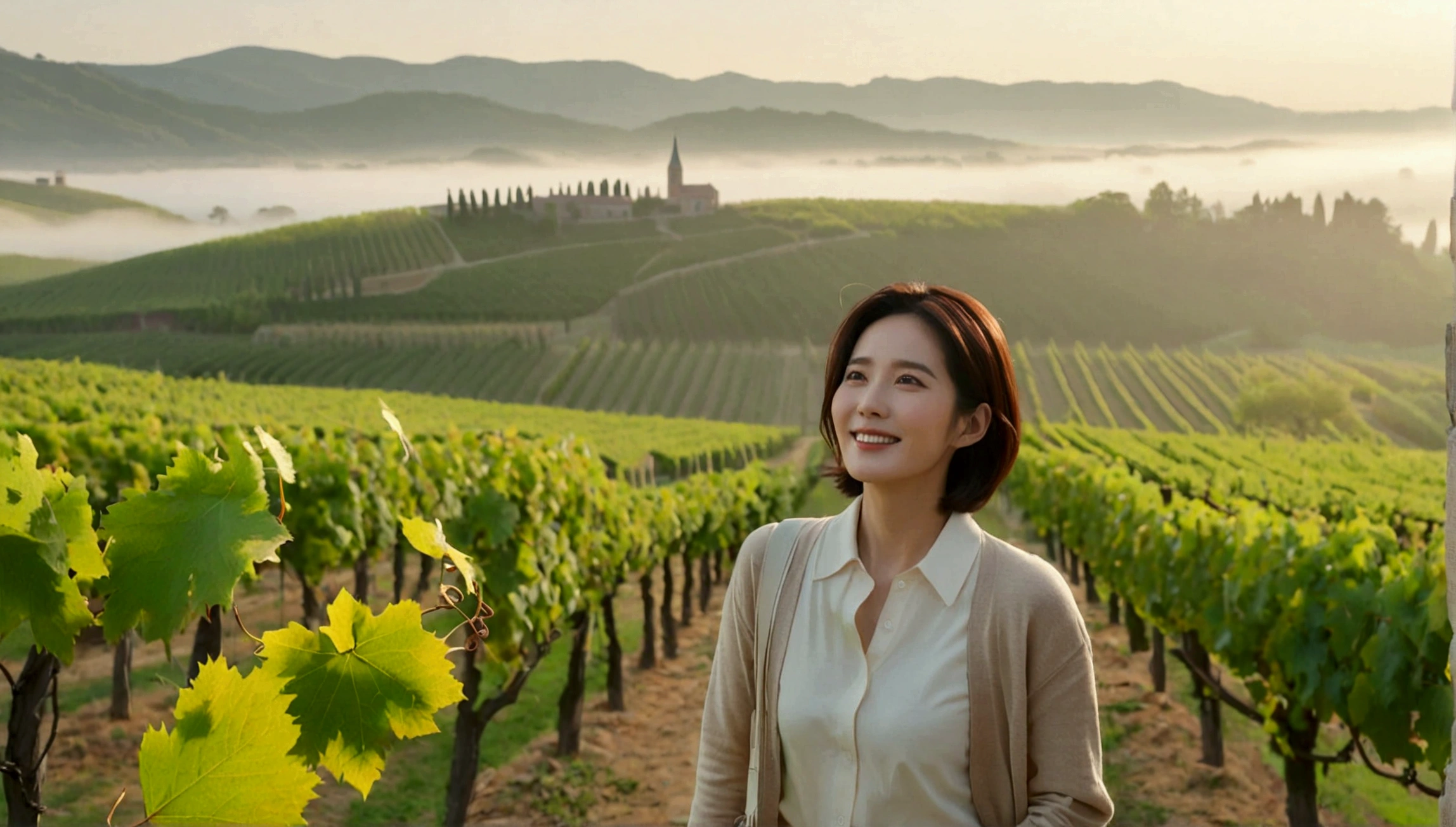 best quality, In 8K, 32K, Photo of a beautiful 36-year-old Korean woman, short medium hair, Inspired by Son Ye-jin, whole body, face focus, Shirt that goes up to the neck and a short cardigan from a luxury brand, beige casual pants, Italian countryside vineyard background, Ranged、make a happy face, 새벽 진한 한개속 The cathedral is visible in the distance, There is thick fog, path, looking up the side, Wear a shirt that covers your chest, The cathedral is visible in the distance, Photo of endless vineyard scenery, look up the side. thick dawn fog, Well-groomed hair, Photo of an elegant and modest woman, Endless vineyards, Vivid picture quality, Clear picture quality, The cathedral is visible in the distance. 언덕 위 path, 1 woman, colonnade가 있는 휘어진 path 언덕에서 바라본다. colonnade