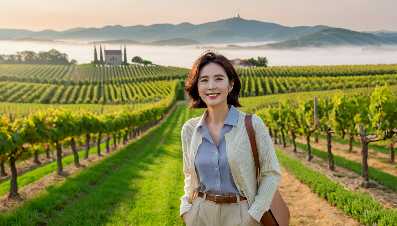 best quality, In 8K, 32K, Photo of a beautiful 36-year-old Korean woman, short medium hair, Inspired by Son Ye-jin, whole body, face focus, Shirt that goes up to the neck and a short cardigan from a luxury brand, beige casual pants, Italian countryside vineyard background, Ranged、make a happy face, 새벽 진한 한개속 The cathedral is visible in the distance, There is thick fog, path, looking up the side, Wear a shirt that covers your chest, The cathedral is visible in the distance, Photo of endless vineyard scenery, look up the side. thick dawn fog, Well-groomed hair, Photo of an elegant and modest woman, Endless vineyards, Vivid picture quality, Clear picture quality, The cathedral is visible in the distance. 언덕 위 path, 1 woman, colonnade가 있는 휘어진 path 언덕에서 바라본다. colonnade
