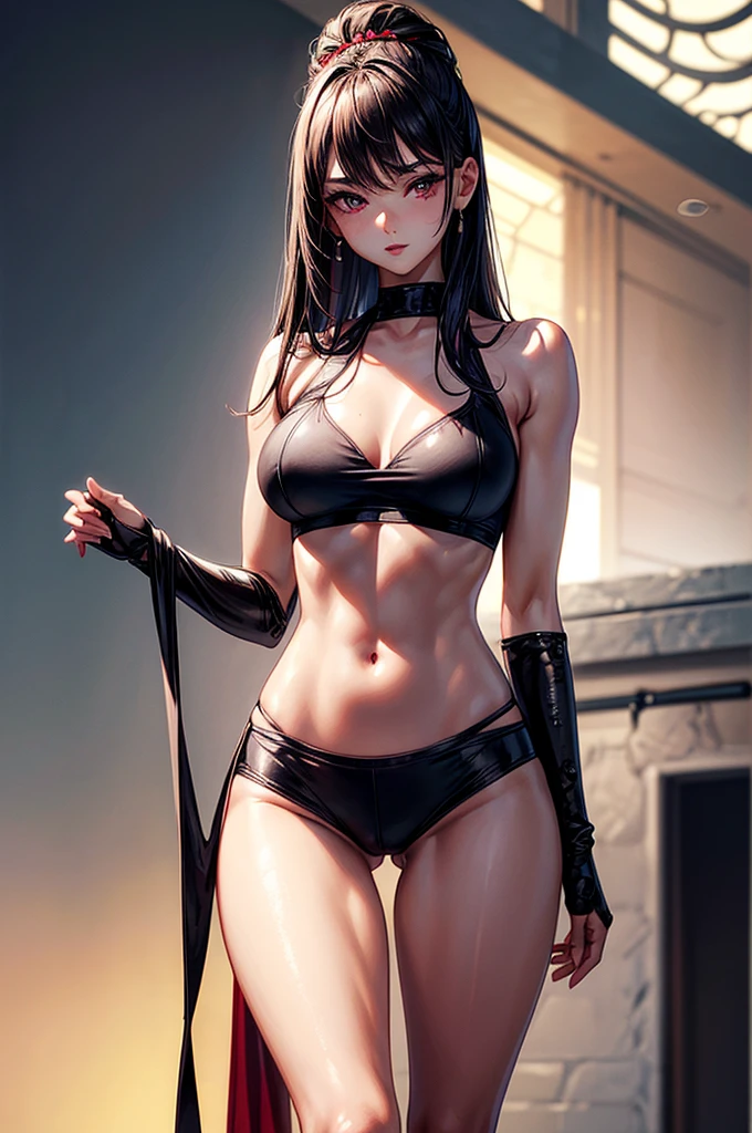 ((highest quality)),(ultra high resolution),(Super detailed), (best work of art), (ung girl:1.5), beautiful and well-shaped face:1.5,(Beautiful skin with precise and detailed depiction:1.6),(sports bra and waist band nylon shorts ),gorgeous, masterpiece, best quality, high-resolution, finely detailed, extremely detailed and beautiful, distinct-image, hourglass figure,, 1 girl, 18 year old teen, solo, sharp facial features, oval shaped face. cherry red lips,. velvet-colored eyes, C-cup breasts, tall height(175cm), slim curves, toned body type, flowing waist length ink-black dark violet hair, small narrow waist, long and slender legs, curvy wide hips, modern athletic setting, lightly tanned white skin