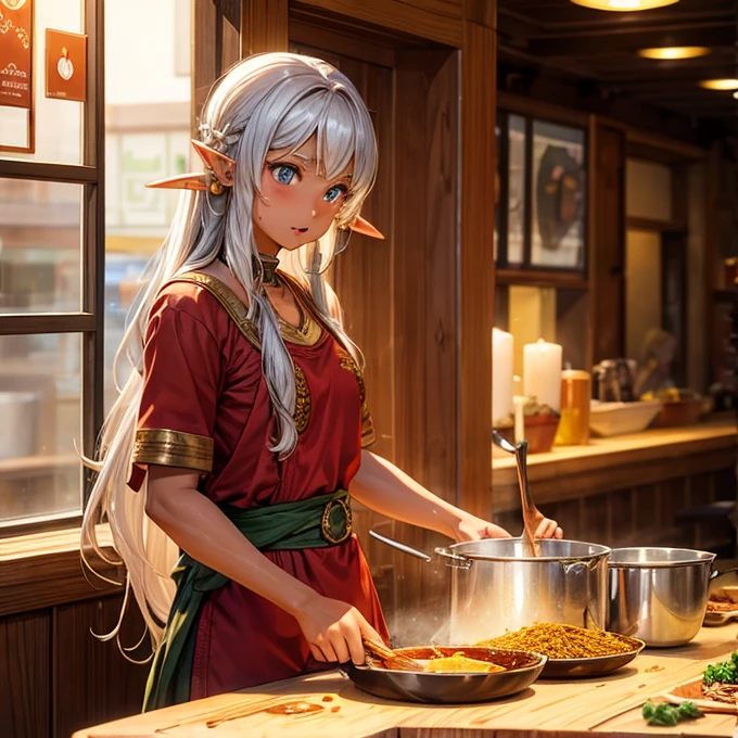 Making curry at a curry restaurant　A brown-skinned elf with long silver hair　huge pot