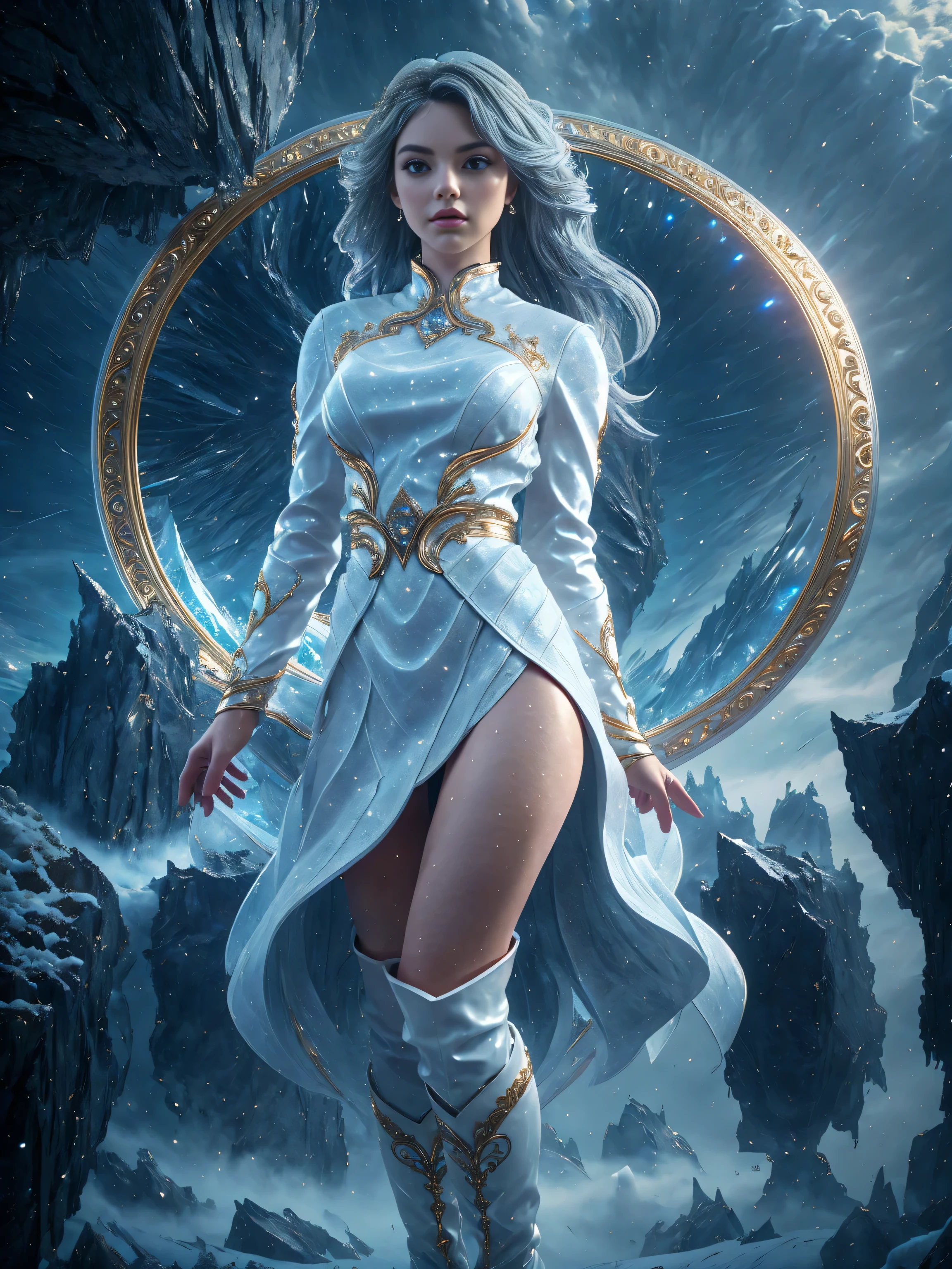 whole body, sexy princess woman, standing, watching distant mountains, very long gray hair, Waist slender, round background, with short pleated white leather skirt, with gold embroidery, high white boots, Ultra-realistic skin texture, sensual curves, Sensual Gaze, your hair body is covered with chin north pole in the snow, arid landscape, fog, blowing snow, weak, soft light, gloomy dark clouds, ice palace in the distance, cool colours, photorrealistic, Super-Realistic, the highest resolution with extremely complex details 8k