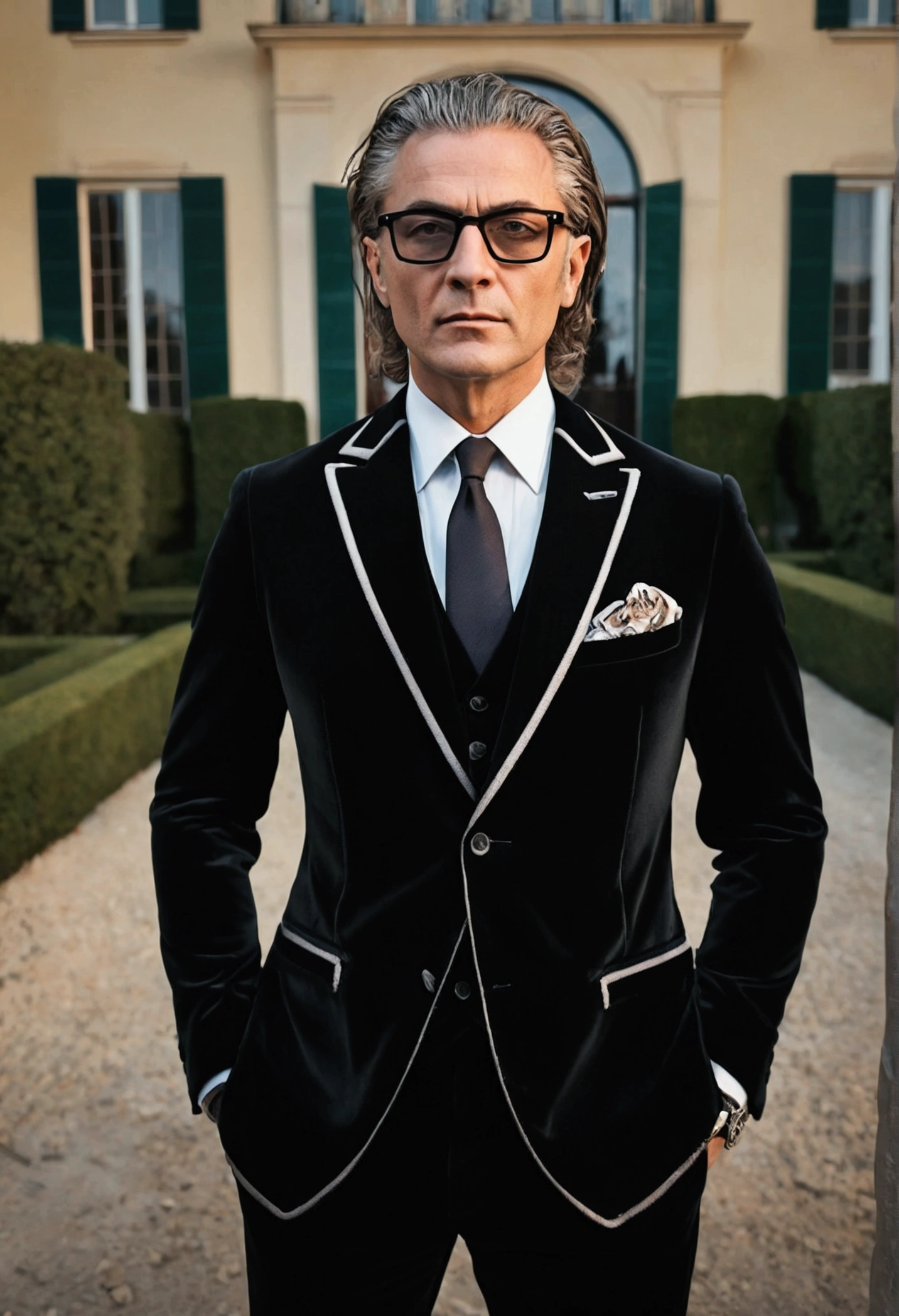 full  body, photo grand angle portrait du corps d&#39;a handsome man wearing glasses with his back turned near Lamborghini, (40 ans:1.1), (shaved:1.2) , (cheveux bruns courts),(Cheveux courts:1.3). dark brown velvet tight suit, (The jacket has black flower patterns:1.2). (posing in front of the mansion with a lamborghini:1.1), crowded street with cafes in the distance, cold and dark sunset at dusk, (edge light:1.1),(focus on eyes), (angry look), (lumière dure sur la peau:1.2), (harsh shadows, Dark theme, deep contrast:1.1), (photographie de portrait par Annie Liebovitz), Dark mint theme and choral aesthetic, (Skin imperfections)