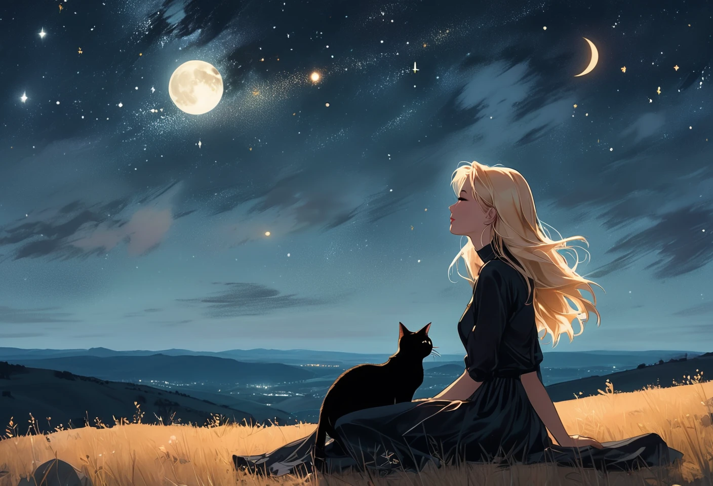 Photo of a blonde woman lying on a moonlit hill, looking at the sky and the vastness of the universe. A black cat is sitting beside her. Canon 5d Mark 4, Kodak Ektar, 35mm.