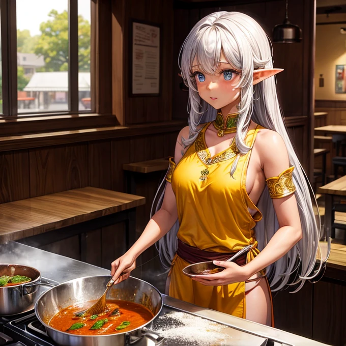 Making curry at a curry restaurant A brown-skinned elf with long silver hair huge pot