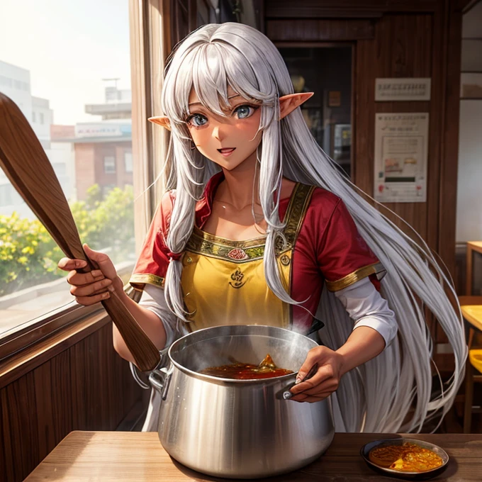 Making curry at a curry restaurant A brown-skinned elf with long silver hair huge pot