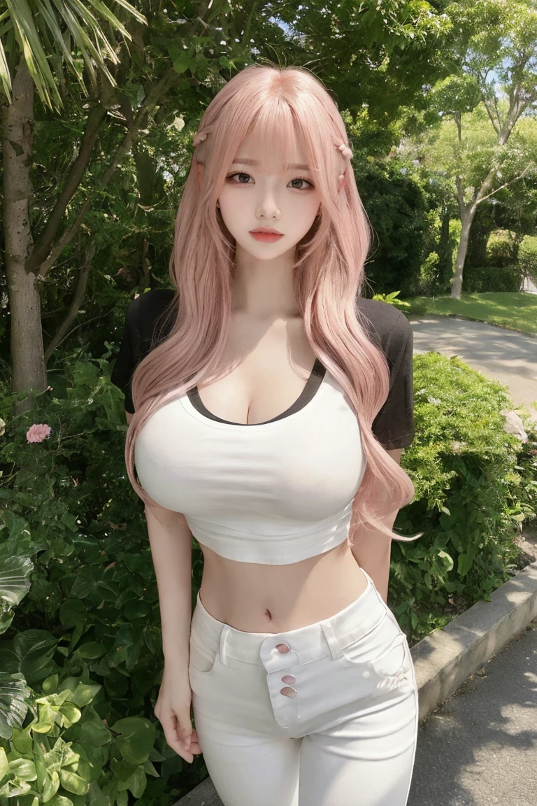 Selfie:1.5、Cleavage:1.5、Full body image:1.2,Pink Hair、masterpiece、Highest quality、Extremely detailed 8K、Ultra HD、Very detailedな、Very detailed、Very realistic、Photo Real、Japanese、One Girl、High head rate、Beautiful realistic face、Realistic face in every detail、High detail, Realistic Hair、Beautiful and realistic hairstyles、Beautiful and realistic eyes、hVery detailed realistic eyes、Proportional eyes、HVery detailed pupils、Very detailedリアルな自然な眉毛、Very detailedリアルな唇、 Beautiful and realistic lips、Pink lipstick、Sexy lips、Realistic and well-proportioned breasts、Realistic medium sized breasts、Slim Abs、Very detailed皮膚、、(Belly button、Tight black t-shirt:1.5)、(white skinny pants:1.5)、Walkway through a lush park:1.2、Condescending smile、From above