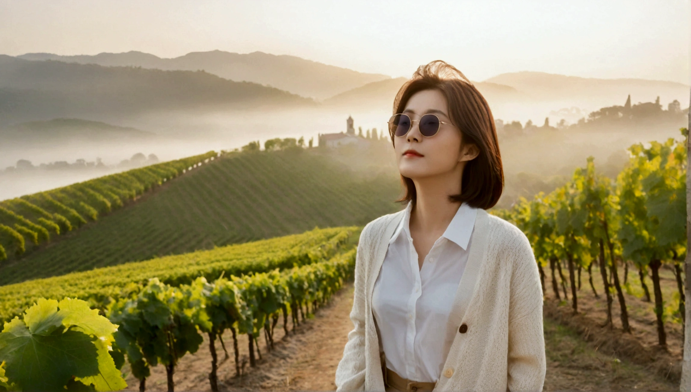 best quality, In 8K, 32K, Photo of a beautiful 36-year-old Korean woman, short medium hair, Inspired by Son Ye-jin, whole body, face focus, Shirt that goes up to the neck and a short cardigan from a luxury brand, beige casual pants, Italian countryside vineyard background, Ranged、make a happy face, 새벽 진한 한개속 The cathedral is visible in the distance, There is thick fog, path, looking up the side, Wear a shirt that covers your chest, The cathedral is visible in the distance, Photo of endless vineyard scenery, look up the side. thick dawn fog, Well-groomed hair, Photo of an elegant and modest woman, Endless vineyards, Vivid picture quality, Clear picture quality, The cathedral is visible in the distance. 언덕 위 path, 1 woman, colonnade가 있는 휘어진 path 언덕에서 바라본다. colonnade, Luxury brand horn-rimmed sunglasses