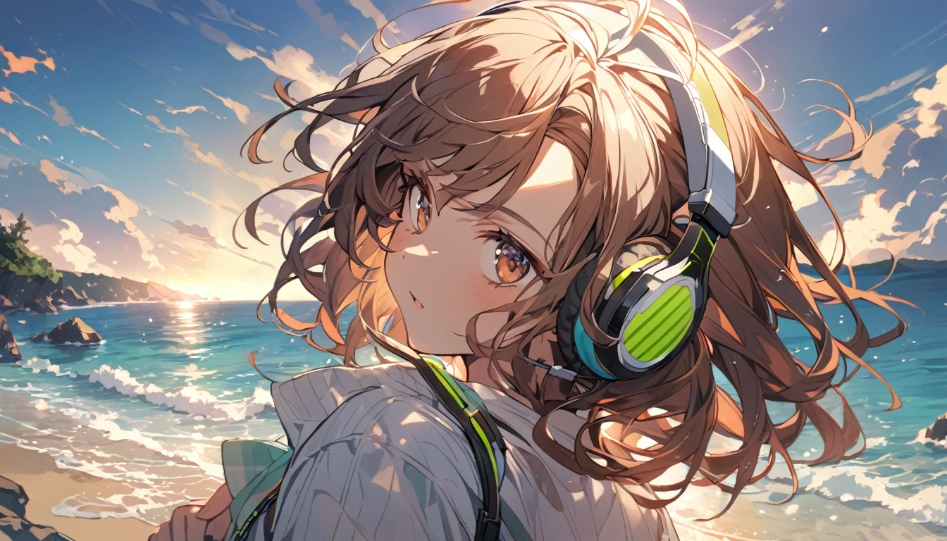 Girl wearing headphones,Brown Hair,1 person,bright,Detailed Background,Summer Sea,morning