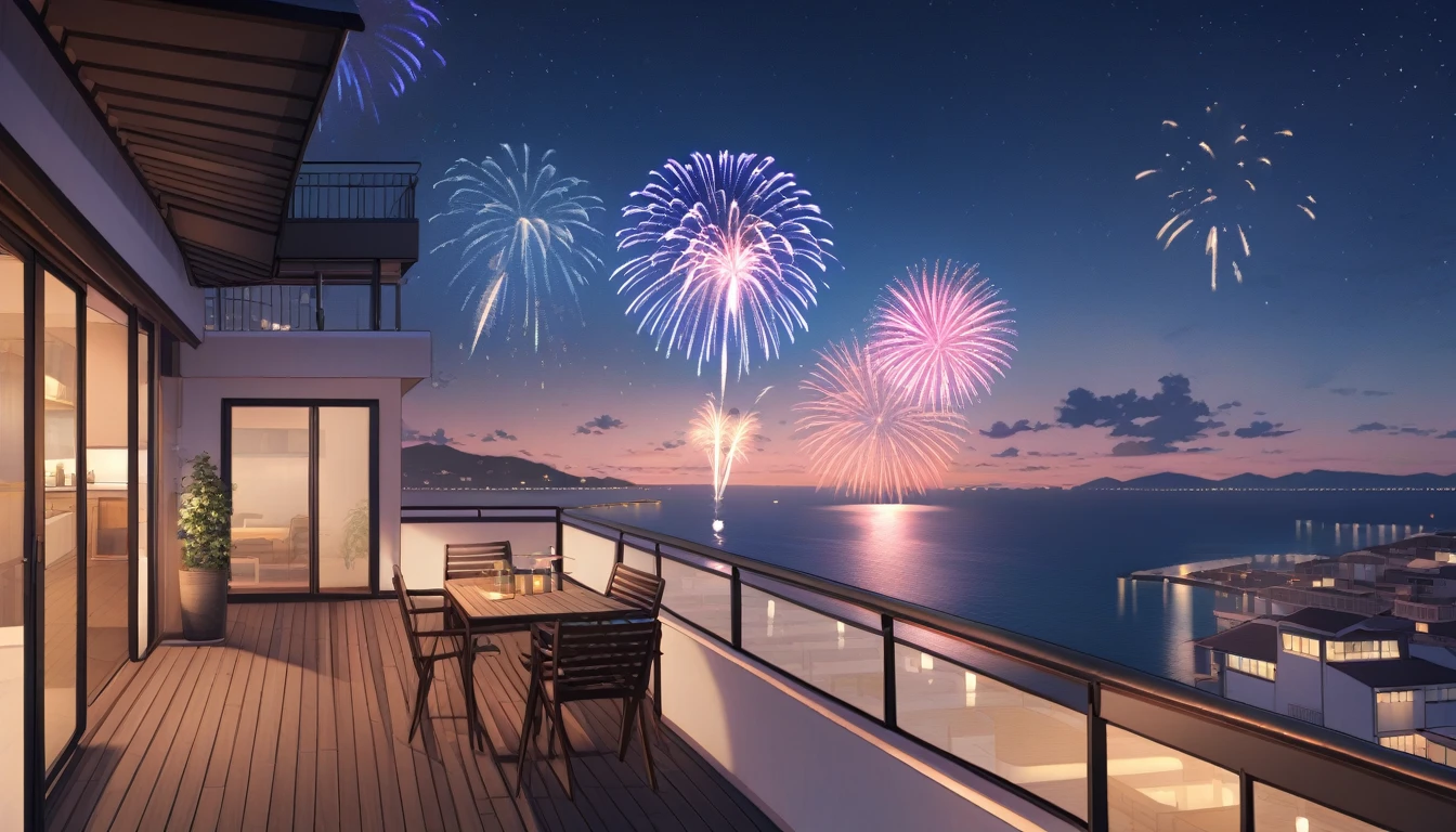 Rooftop terrace with sea view, I see fireworks,