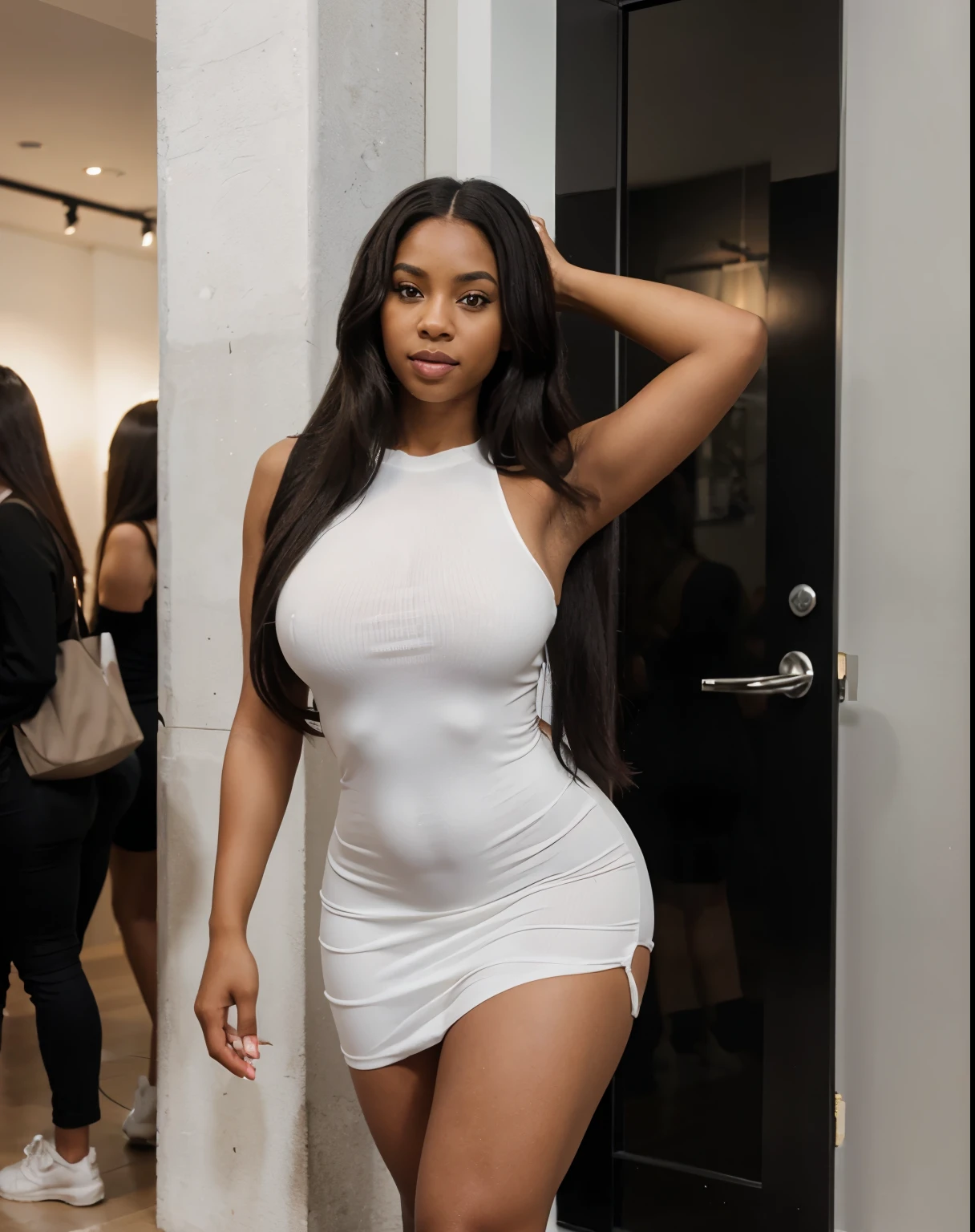 Mixed black ethnicity, curvy girl, long straight hair, sexy white tight dress, club, wide hips, small waist