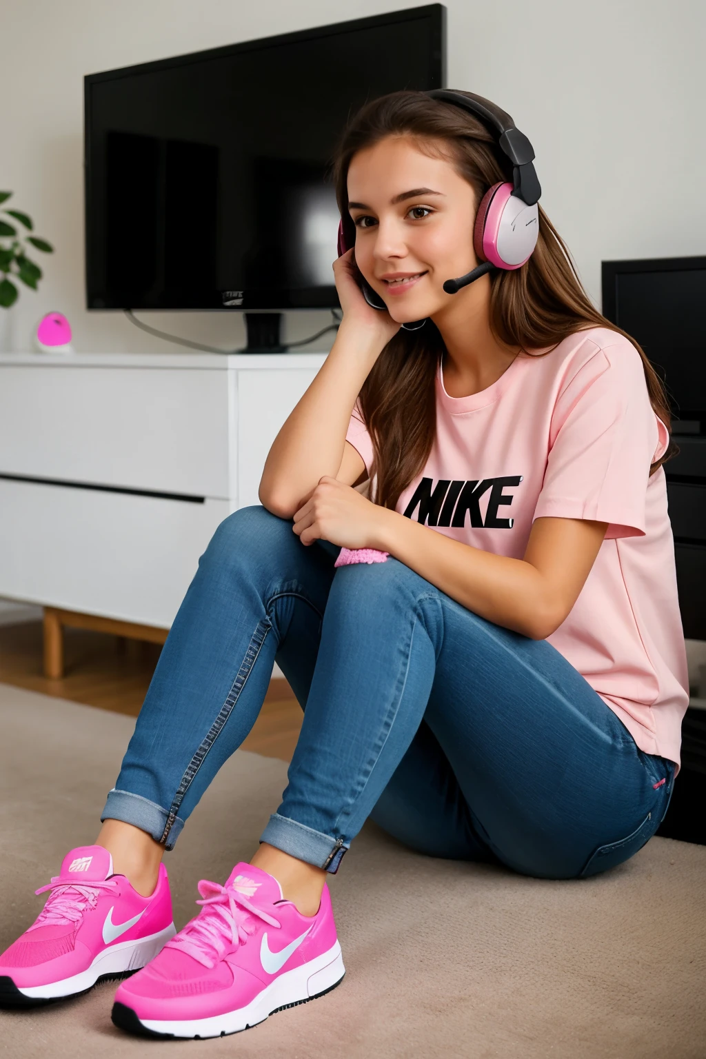 little brown haired girl, pink blouse, jeans and Nike sneakers, with gaming headset, in your room pop