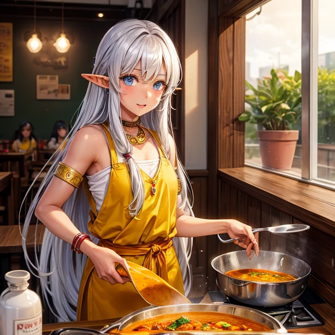 Making curry at a curry restaurant A brown-skinned elf with long silver hair huge pot