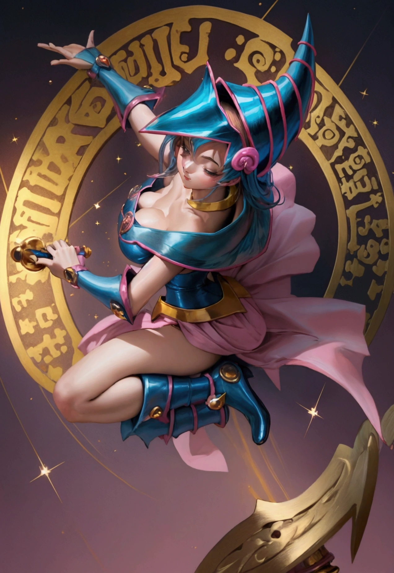 (masterpiece:1.2), (The best quality:1.2), perfect lighting, Dark Magician Girl casting a spell, in battle. floating in the air, visible medium tits, transparent neckline, blue robe, big hat, from above, Sparkles, Yugioh game, The magic of the heart. LIGHTS OF THE HEART, romantic heart. She wears gold heels. In heels. heels 