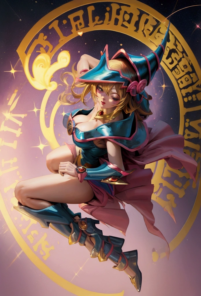 (masterpiece:1.2), (The best quality:1.2), perfect lighting, Dark Magician Girl casting a spell, in battle. floating in the air, visible medium tits, transparent neckline, blue robe, big hat, from above, Sparkles, Yugioh game, The magic of the heart. LIGHTS OF THE HEART, romantic heart. She wears gold heels. In heels. heels