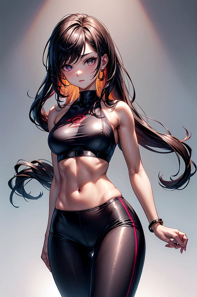 ((highest quality)),(ultra high resolution),(Super detailed), (best work of art), (ung girl:1.5), beautiful and well-shaped face:1.5,(Beautiful skin with precise and detailed depiction:1.6),(sports bra and waist band nylon shorts ),gorgeous, masterpiece, best quality, high-resolution, finely detailed, extremely detailed and beautiful, distinct-image, hourglass figure,, 1 girl, 18 year old teen, solo, sharp facial features, oval shaped face. cherry red lips,. velvet-colored eyes, C-cup breasts, tall height(175cm), slim curves, toned body type, flowing waist length ink-black dark violet hair, small narrow waist, long and slender legs, curvy wide hips, modern athletic setting, lightly tanned white skin