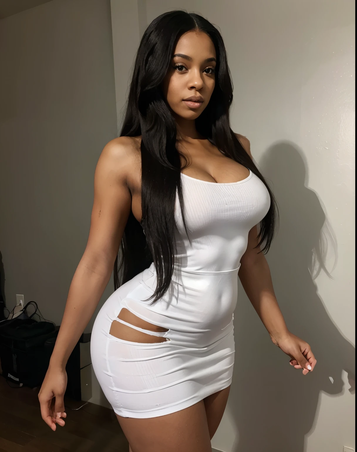 Mixed black ethnicity, curvy girl, long straight hair, sexy white tight dress, club, wide hips, small waist