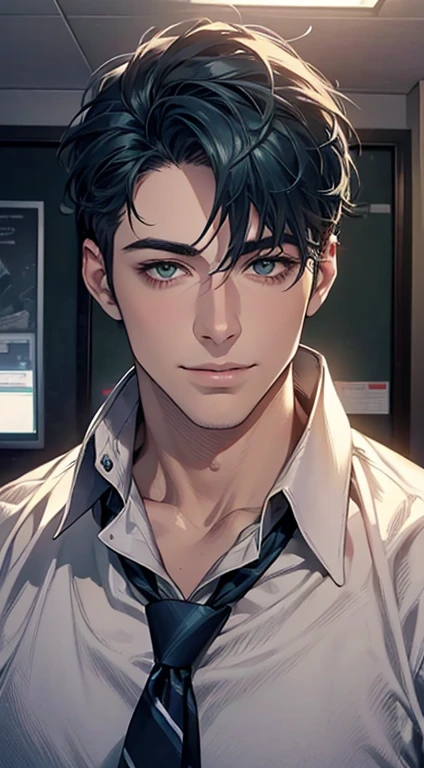 (Highest quality,4K,8K,High resolution,masterpiece:1.2),Super detailed,(Realistic,photoRealistic,photo-Realistic:1.37),1 person,34 years old,Mature Men,Beautiful skin、very handsome,Expressionless smile in love,Short blue hair,green eyes,Sharp Eyes,A perfect face without a doubt,Businessman, CEO, Office Background,Cinema Lighting,HDR image,tie、