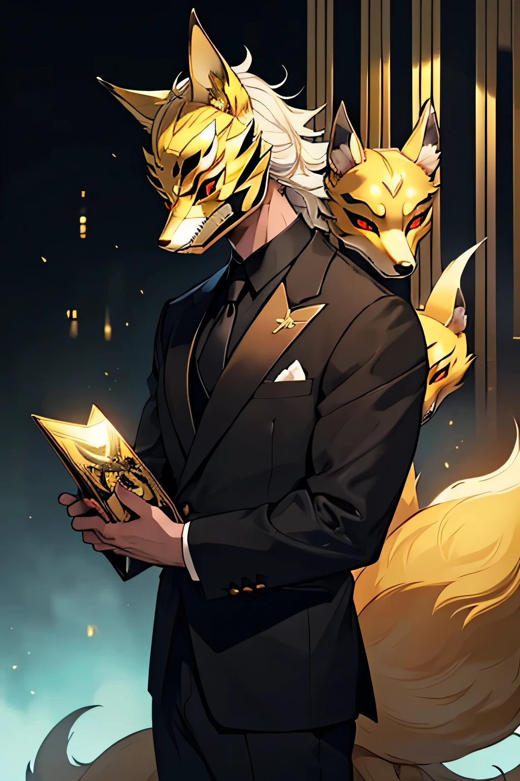 In a fancy mansion, 1 male, wearing black suit with black tie, wearing a gold fox mask, golden fox mask, wearing a golden kitsune mask, gold-plated mask, gold fox mask, eyeless kitsune mask, fox mask with no eyes, luxury gold-plated kitsune mask, VIP kitsune mask