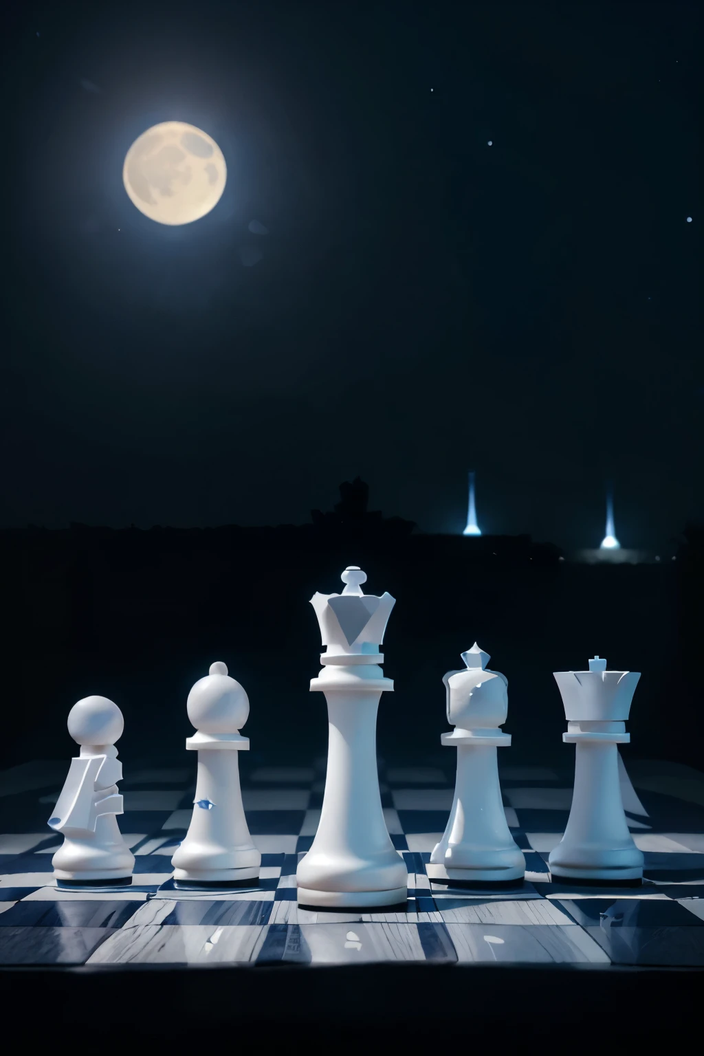 create an image that has a night background ( with blue tendencies ) with bright stars and a moon , but put the chess piece of the "rey" white with a pawn in the center and a white queen "queen" chess piece only the three pieces in the center , the image must be impressive without humans or people , single net the chess piece