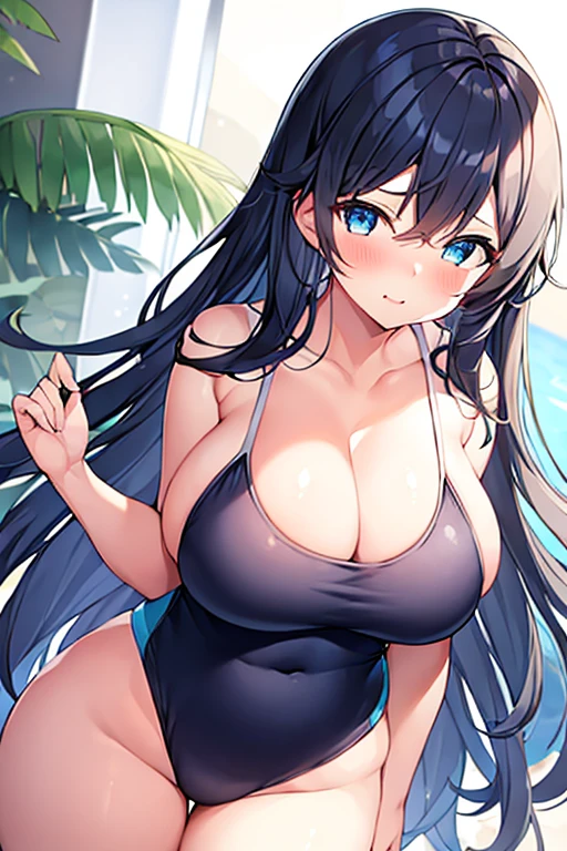 1girl, large breasts, thick thighs, wide hips, blush, blushing, wavy mouth, shy, timid, blue eyes, dark blue hair, black hair, black swimsuit, one-piece swimsuit, blue trim, light blue trim, from behind,