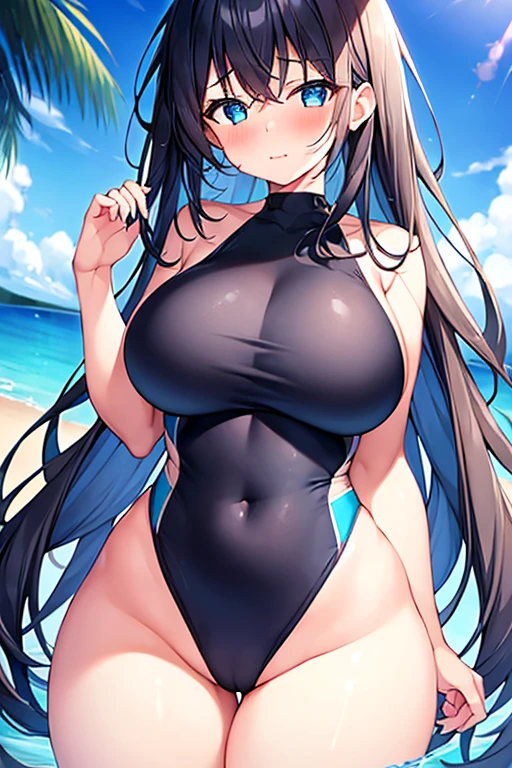 1girl, large , thick thighs, wide hips, blush, blushing, wavy mouth, shy, timid, blue eyes, dark blue hair, black hair, black swimsuit, one-piece swimsuit, blue trim, light blue trim, from behind,