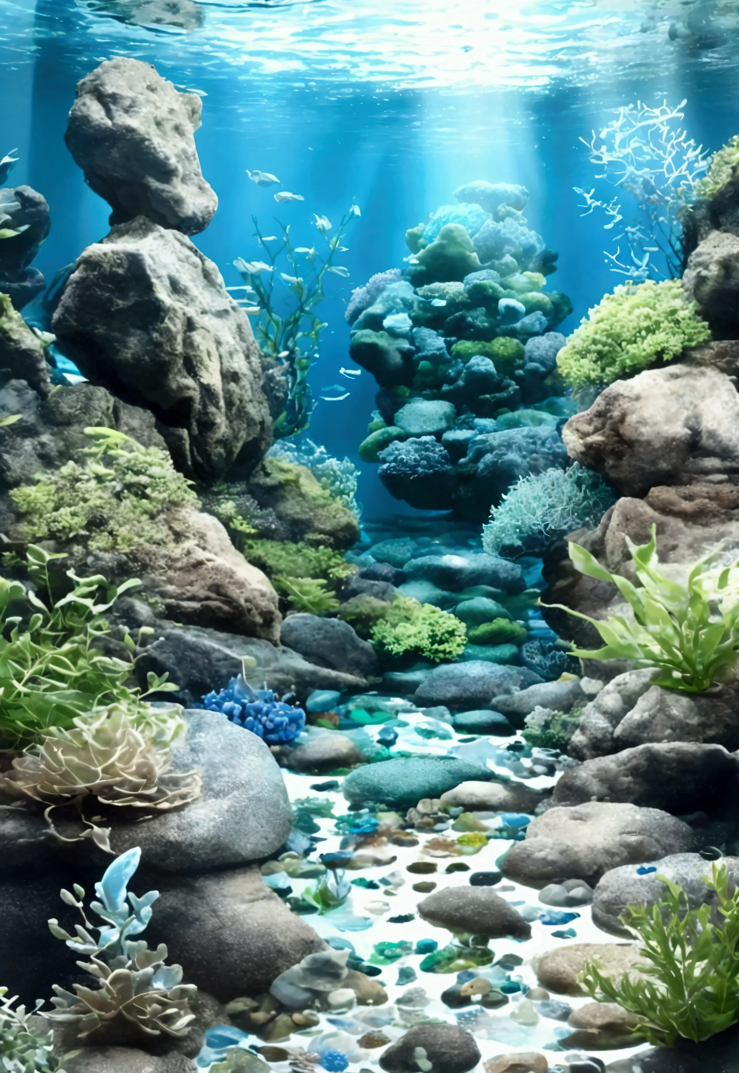 8ｋ、Ultra high definition、Master Quality、Aquarium、Aquarium、The light is shining in、White gravel underneath、Seaweed、A few miniature rocks、Beautiful Water、Blue Water、Fantasy、shine、Aquariumを横から見ているシーン、