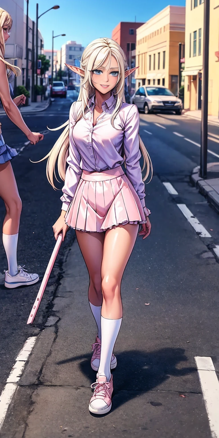 dark elf female, pirotess, full body, beautiful, (masterpiece:1.2), (best quality:1.2), Beautiful 10-year-old white girl with blue eyes, long swept-back straight blond hair, Happy), Pink and white frilly miniskirt, pink shirt, pink socks, white sneakers, California City background, daylight.
