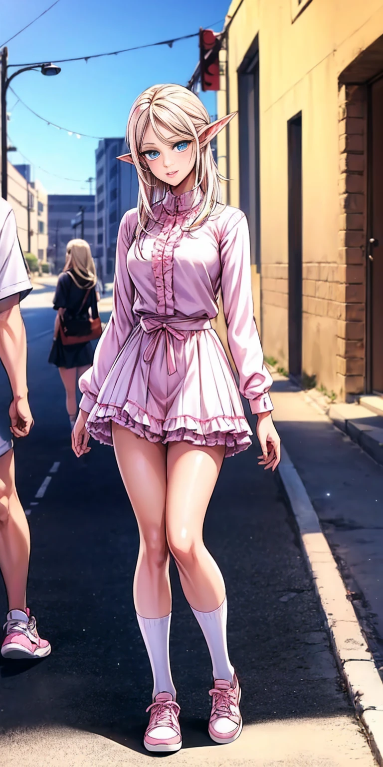 dark elf female, pirotess, full body, beautiful, (masterpiece:1.2), (best quality:1.2), Beautiful 10-year-old white girl with blue eyes, long swept-back straight blond hair, Happy), Pink and white frilly miniskirt, pink shirt, pink socks, white sneakers, California City background, daylight.