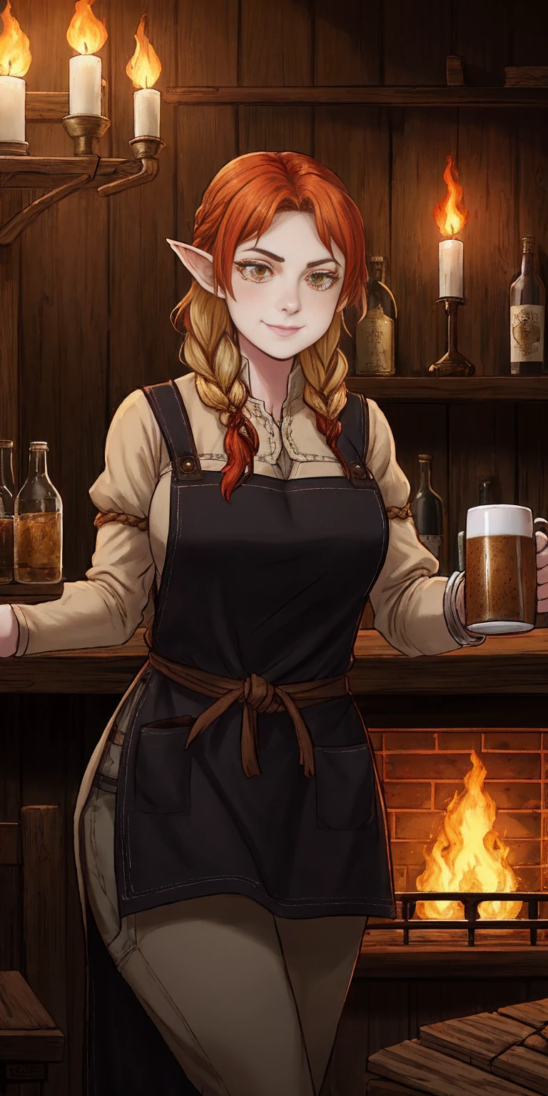 Concept: A medieval fantasy bar scene with a confident female innkeeper. Setting: Style: Medieval fantasy tavern Lighting: Warm, flickering candlelight with a touch of firelight in the background Details: Rough-hewn wooden beams, worn stone floor, shelves stocked with tankards and bottles, a large fireplace Characters: Main character: A strong, middle-aged woman with fiery red hair braided back. She wears a sturdy leather jerkin and a worn apron, exuding a sense of seasoned experience. Optional extra: A few patrons in the background, a mix of fantasy races like humans, elves, or dwarves. Action: The innkeeper holds a large, overflowing mug of ale, a hint of a smile playing on her lips. (Optional) She leans on the bar, one hand on the mug, the other resting on her hip. Mood: Welcoming, lively, a place for weary travelers and adventurers to relax and share stories. This breakdown provides a clear structure for your image generation. You can further refine it by specifying details like: Hair color/style for the innkeeper (fiery red in braids) Race of the patrons (a human bard, or warrior) Specific ale (a dark, rich stout) Overall color palette (warm browns, golden highlights)